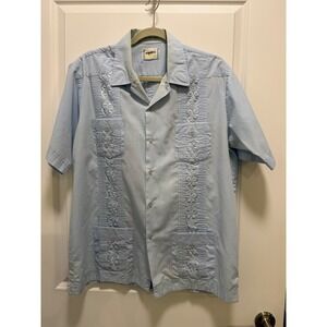 Vintage Guayabera Mens XL Light Blue Embroidered 4‎ Pocket Cuban Wedding Shirt
